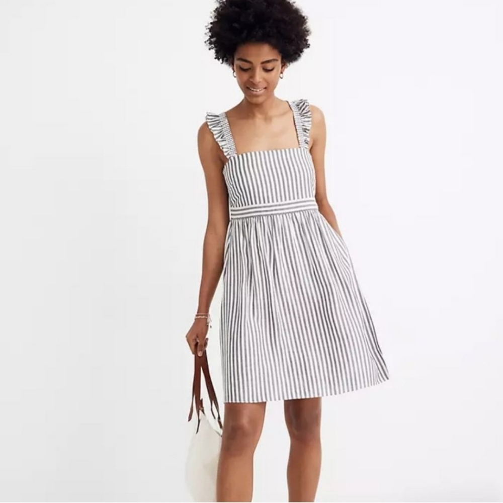 NWT Madewell Striped Ruffle Sleeve Pinafore Dress CottageCore Schoolgirl sz 00